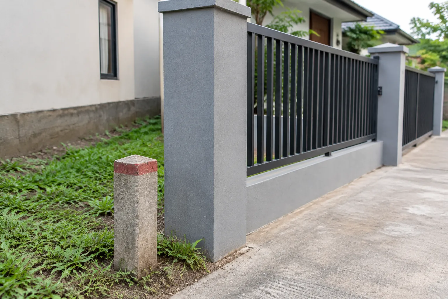 Pagar logam di samping penanda batas tanah