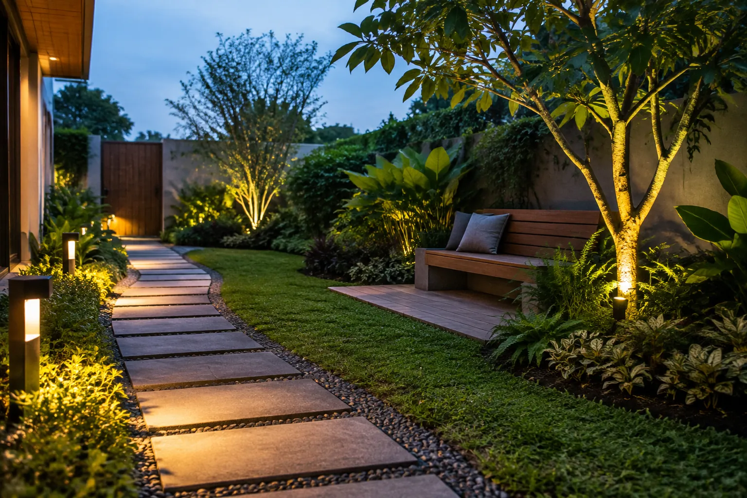 Jalur taman bercahaya di antara pohon dan bangku
