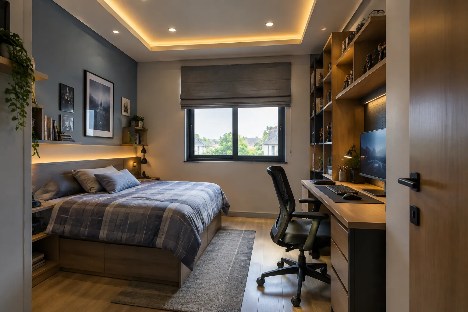 Kamar remaja dengan lampu plafon di atas area tidur dan belajar