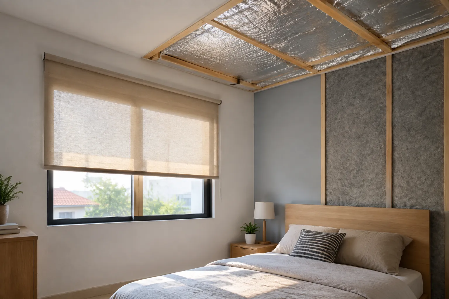 Kamar kecil dengan sebagian plafon terbuka dan bahan isolasi