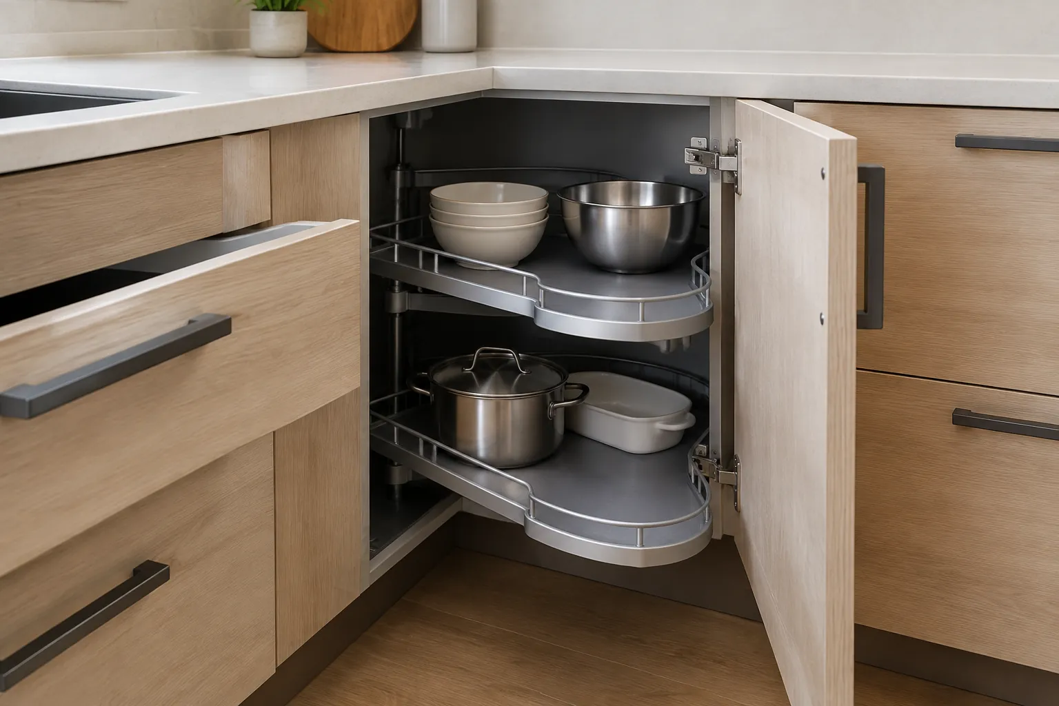 Kabinet sudut dapur dengan rak putar berisi peralatan masak