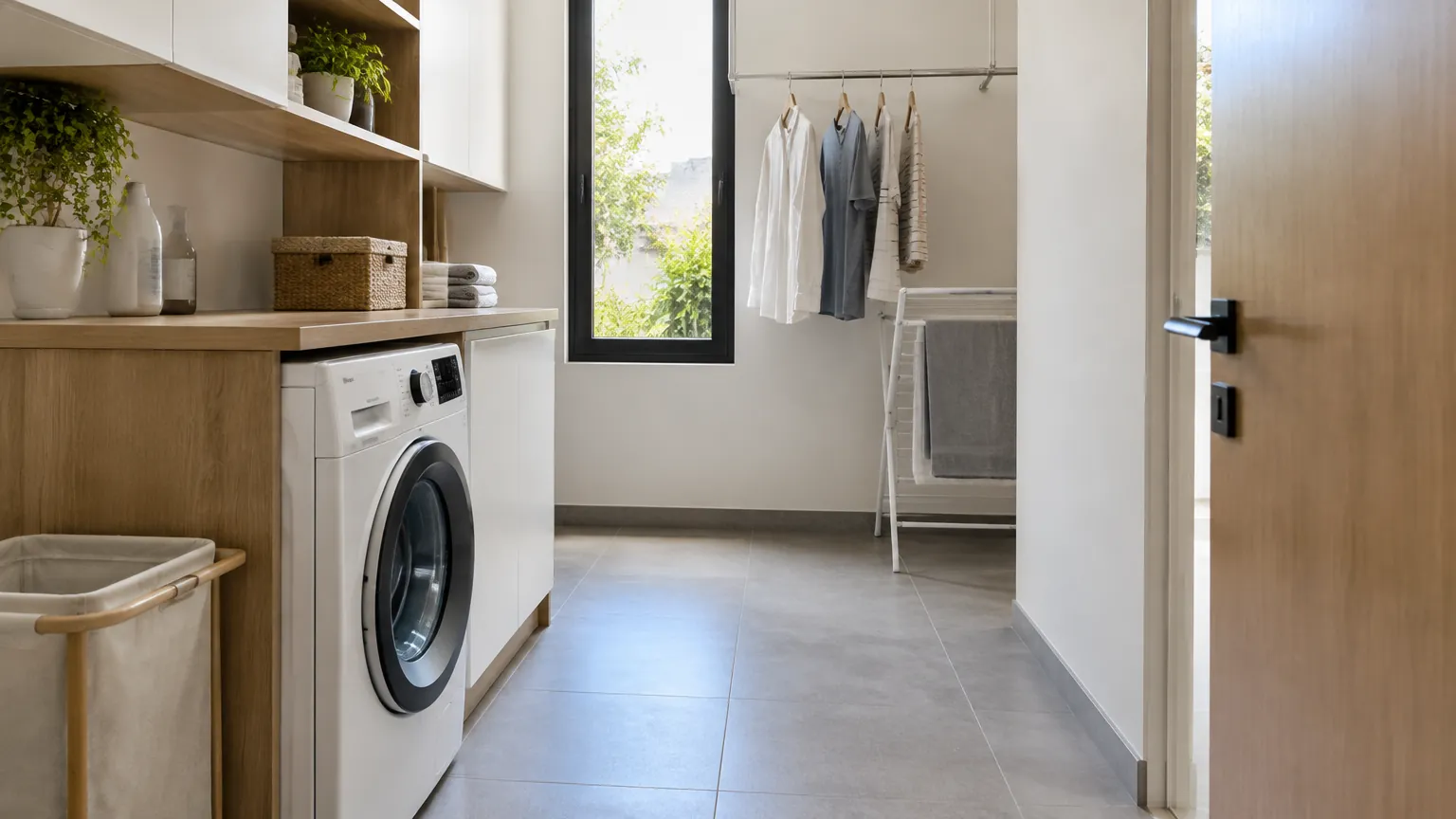 Ruang laundry kecil dengan mesin cuci, rak, dan area jemur