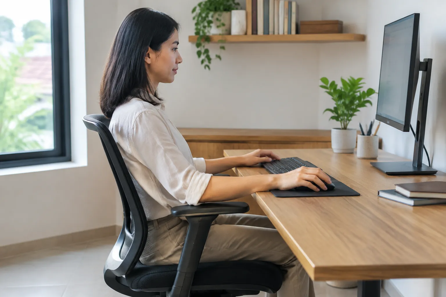 Seseorang mengetik di meja kerja dengan monitor di depannya