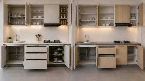 Dua tata kabinet dapur dengan penyimpanan berbeda