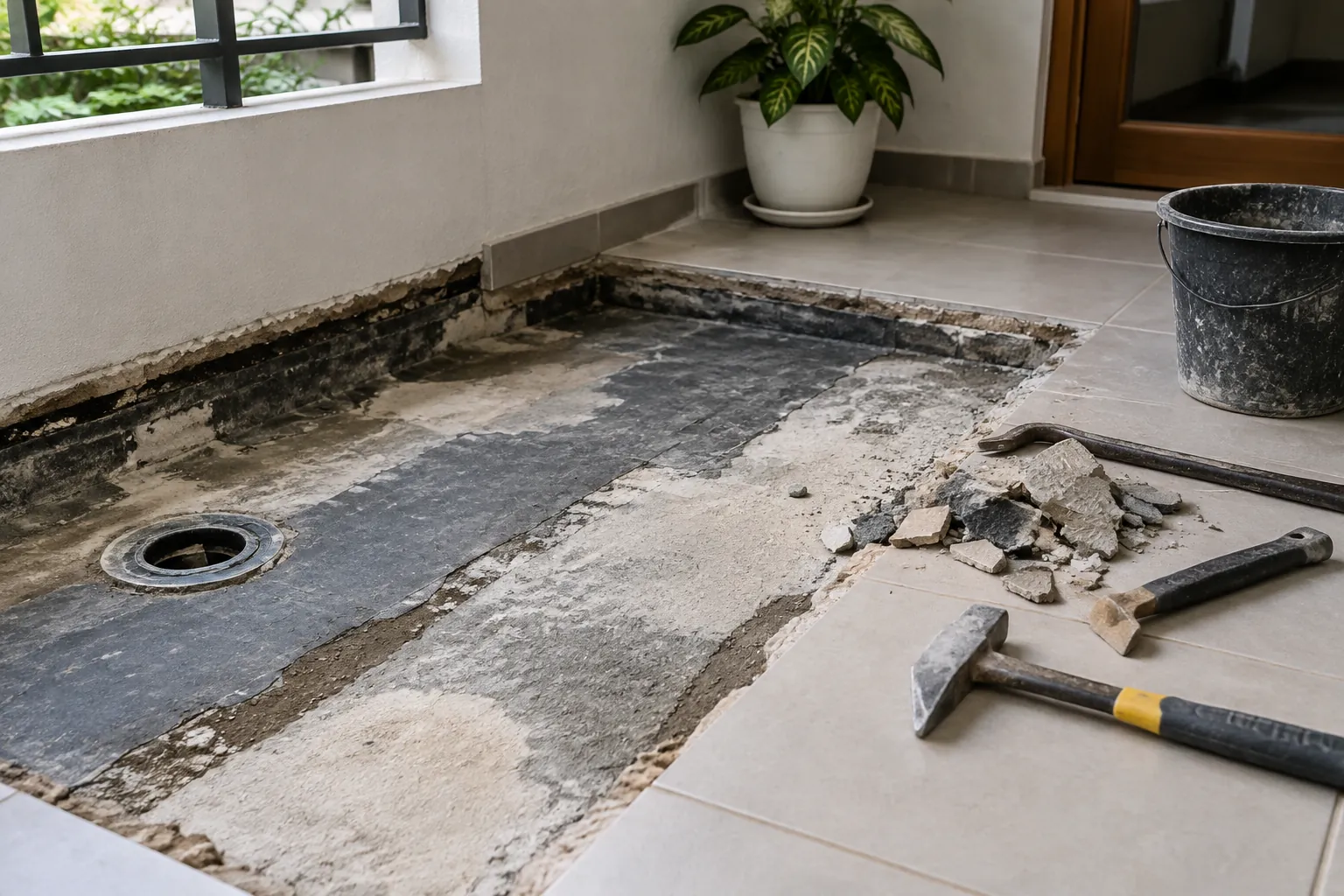 Lantai teras lama dibongkar untuk persiapan pekerjaan waterproofing