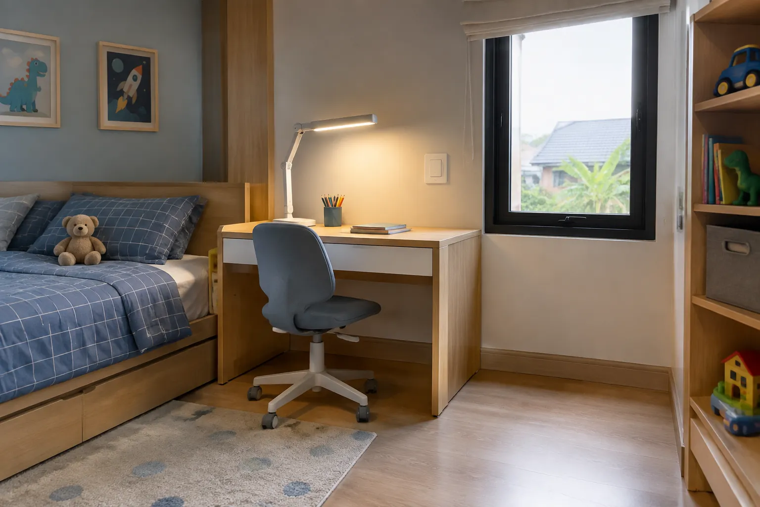 Kamar anak dengan meja belajar dan lampu kerja