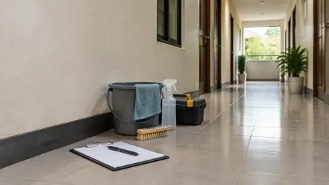 Alat pembersih tersusun di lantai lorong rumah