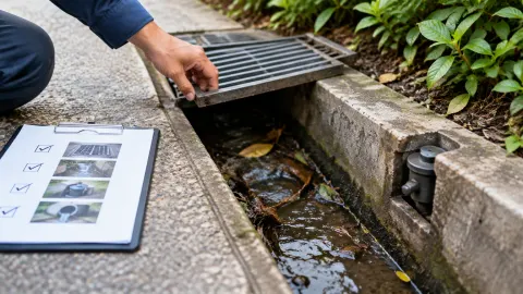 Ilustrasi pemeriksaan saluran drainase terbuka dengan sisa daun