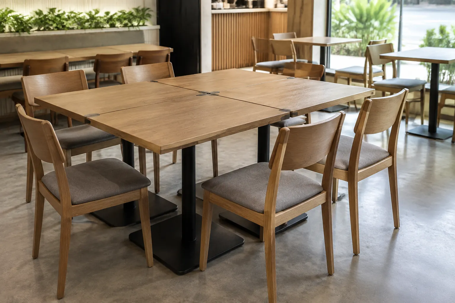 Meja kafe yang dapat digabung dengan kursi di sekelilingnya