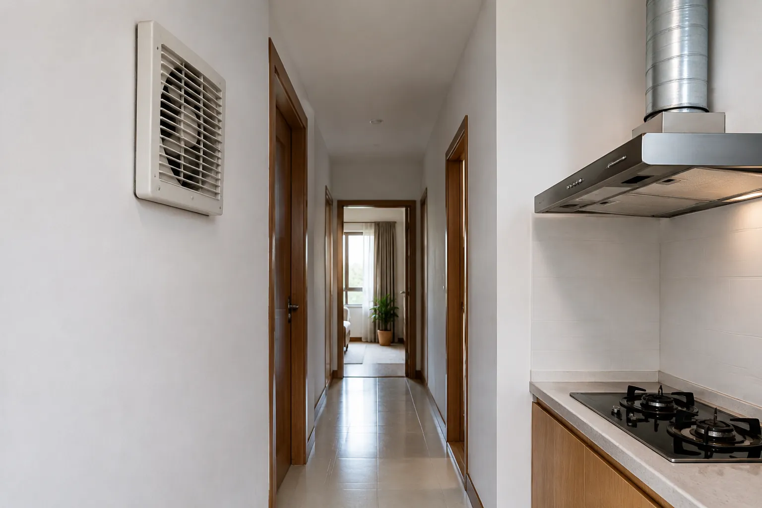Kisi ventilasi dan pengisap dapur berada di dekat jalur lorong