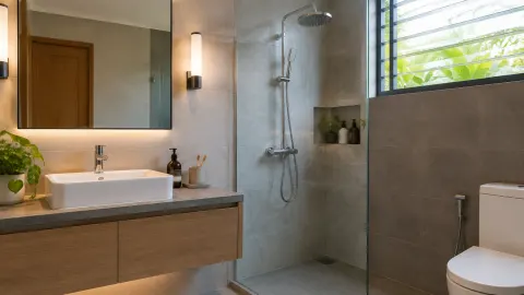 Kamar mandi dengan wastafel kayu, pancuran, dan jendela berjalusi