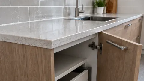 Kabinet kitchen set kayu di bawah countertop batu