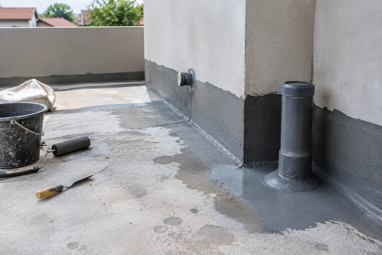 Bidang teras lama dibersihkan dan disiapkan sebelum lapisan waterproofing diterapkan