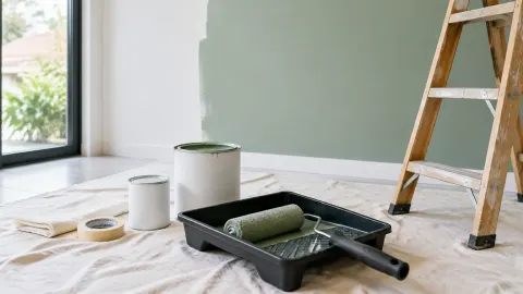 Dinding ruang tamu yang sedang dicat dengan tangga dan alat pengecatan