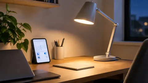 Lampu meja dan perangkat kendali pada ruang kerja
