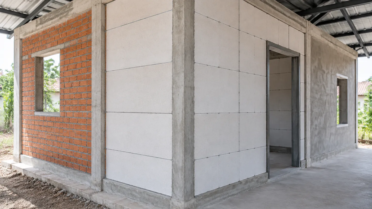 Dinding blok rumah yang masih dalam tahap konstruksi