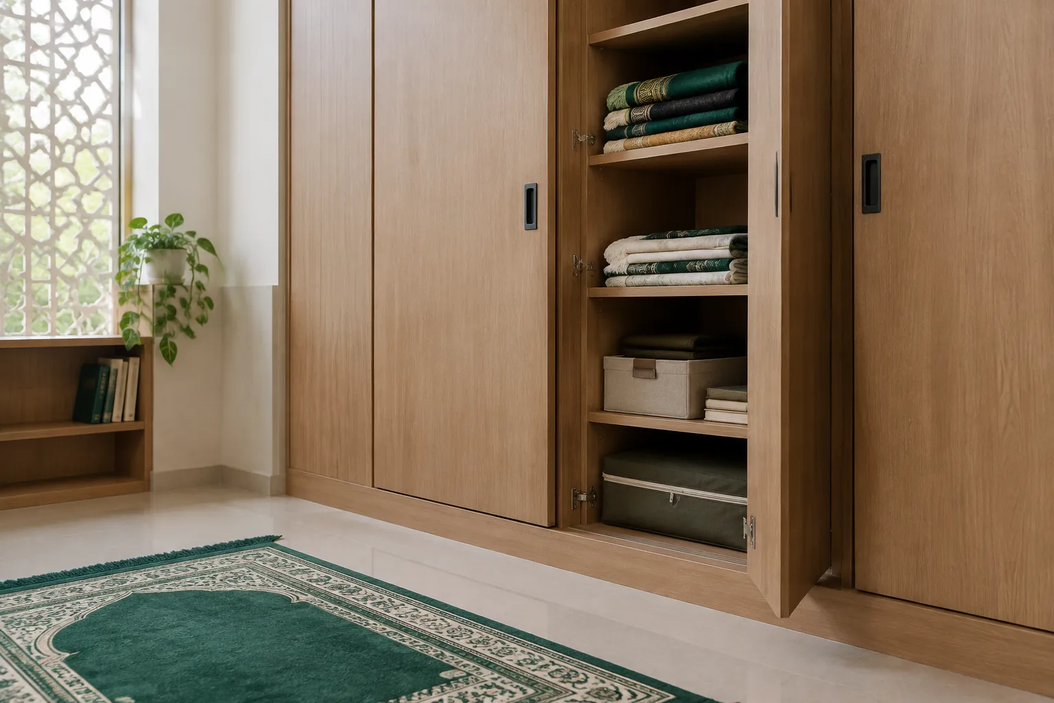 Kabinet mushola dengan pintu geser dan rak