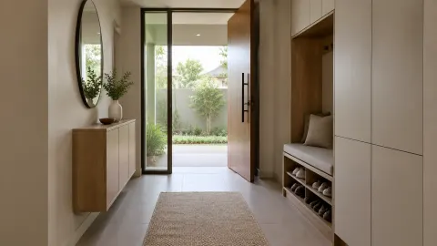 Foyer kecil dengan lemari sepatu dan pintu kaca