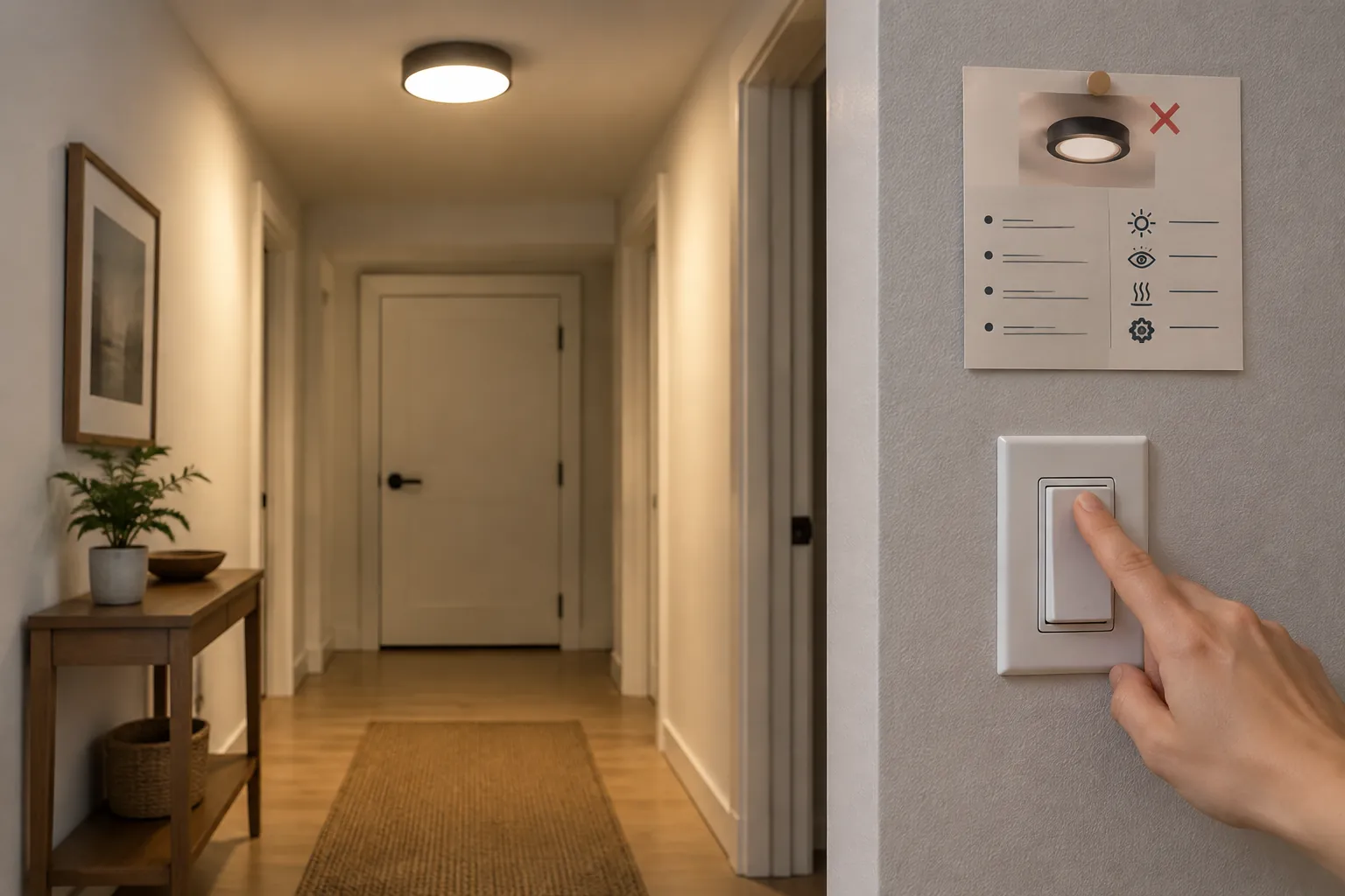 Lorong rumah dengan lampu dan sakelar