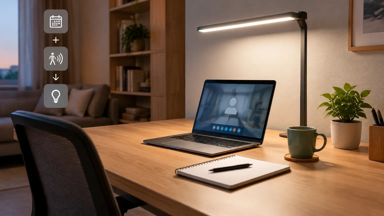 Lampu meja dan laptop di ruang kerja rumah