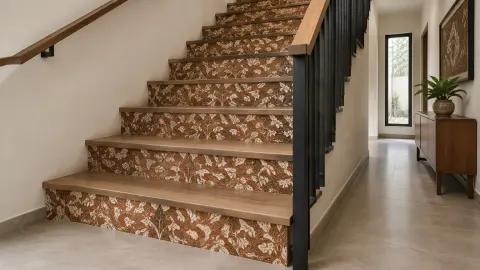 Tangga rumah dengan motif pada anak tangga dan pegangan kayu