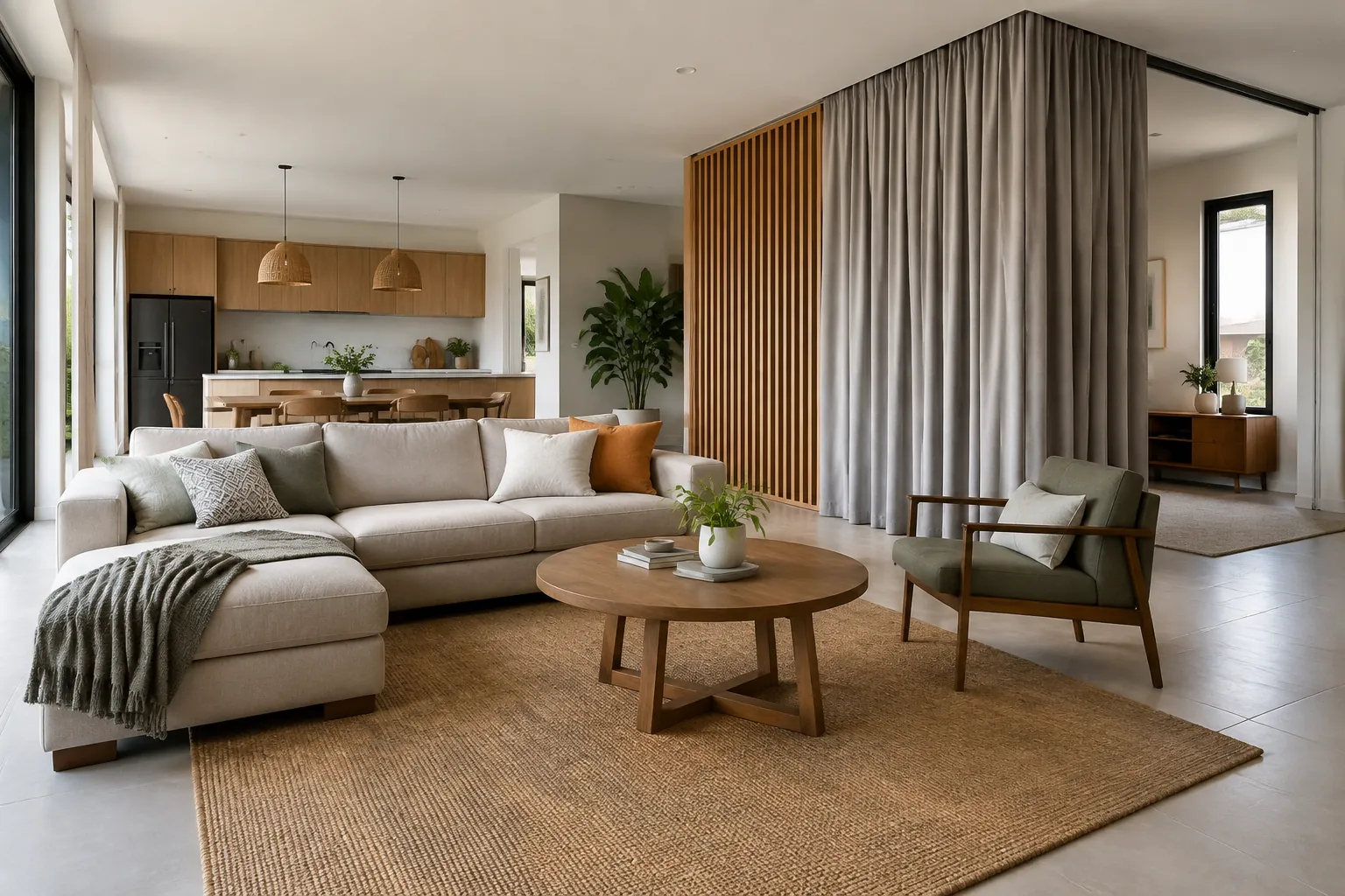 Ruang tamu yang terbuka dengan furnitur tertata.