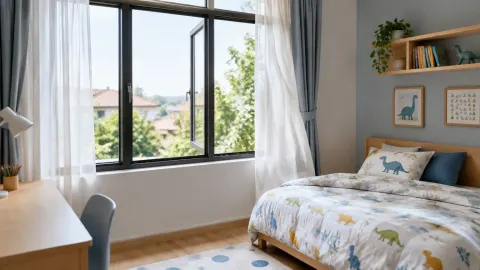Jendela kamar anak dengan tirai tipis dan tempat tidur di dekatnya