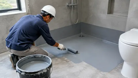 Pekerja mengaplikasikan lapisan pada lantai kamar mandi
