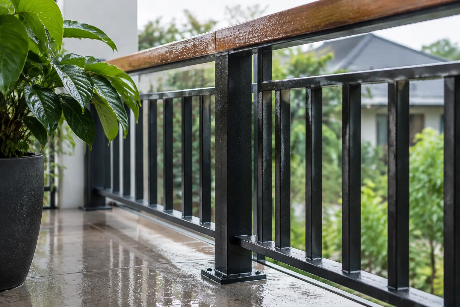 Air hujan menggenang di sekitar pangkal railing balkon
