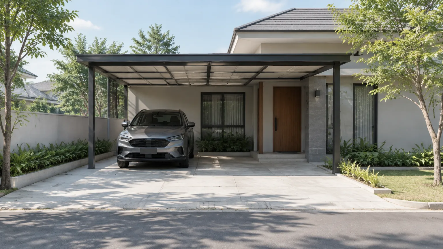 Carport terbuka dengan atap transparan di depan rumah
