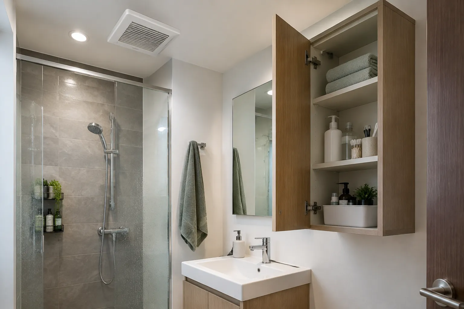 Kabinet kamar mandi terbuka di dekat wastafel