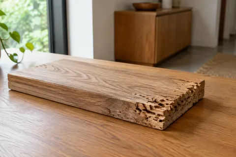 Contoh papan kayu dengan tepi yang rusak dan berongga