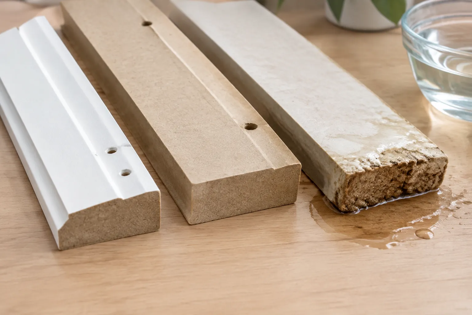 Contoh trim putih, kayu, dan MDF pada meja