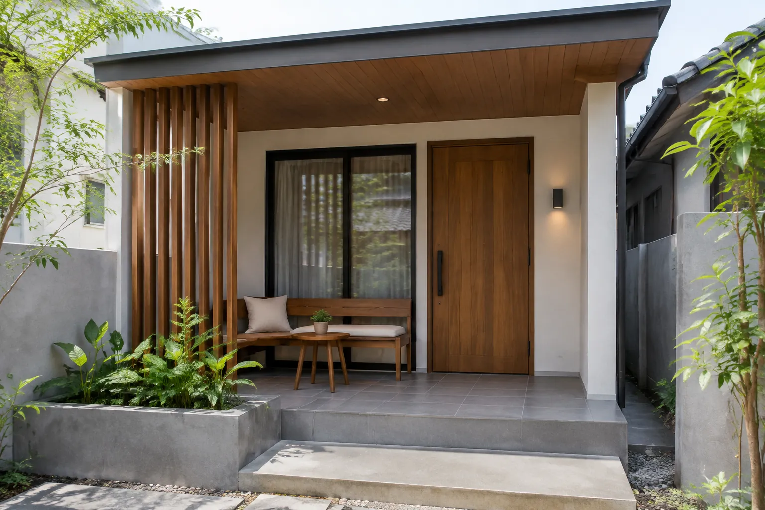 Teras depan rumah kecil dengan kursi dan tanaman.