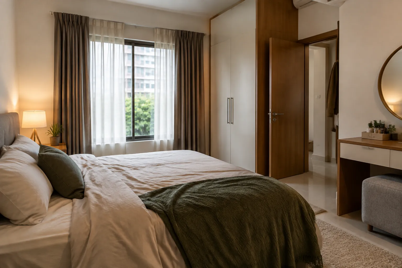 Kamar tidur dengan jendela, tempat tidur, dan lemari pada posisi yang terlihat