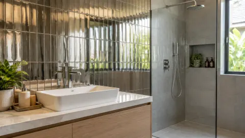 Kamar mandi dengan permukaan mengilap dan sekat kaca