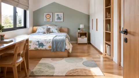 Kamar anak dengan tempat tidur, karpet, meja, dan lemari