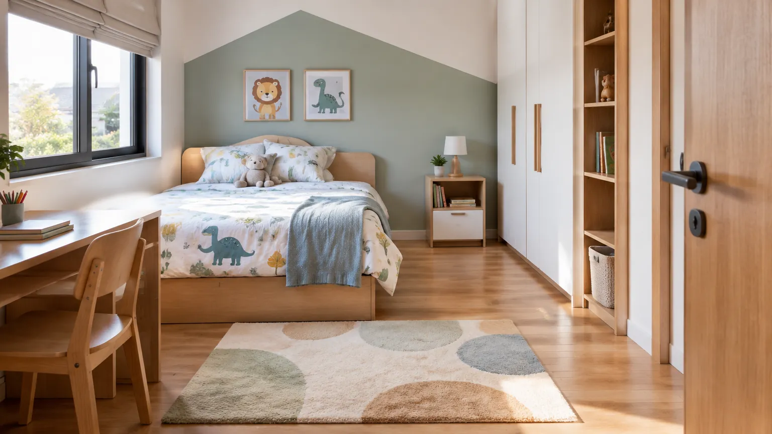 Kamar anak dengan tempat tidur, karpet, meja, dan lemari