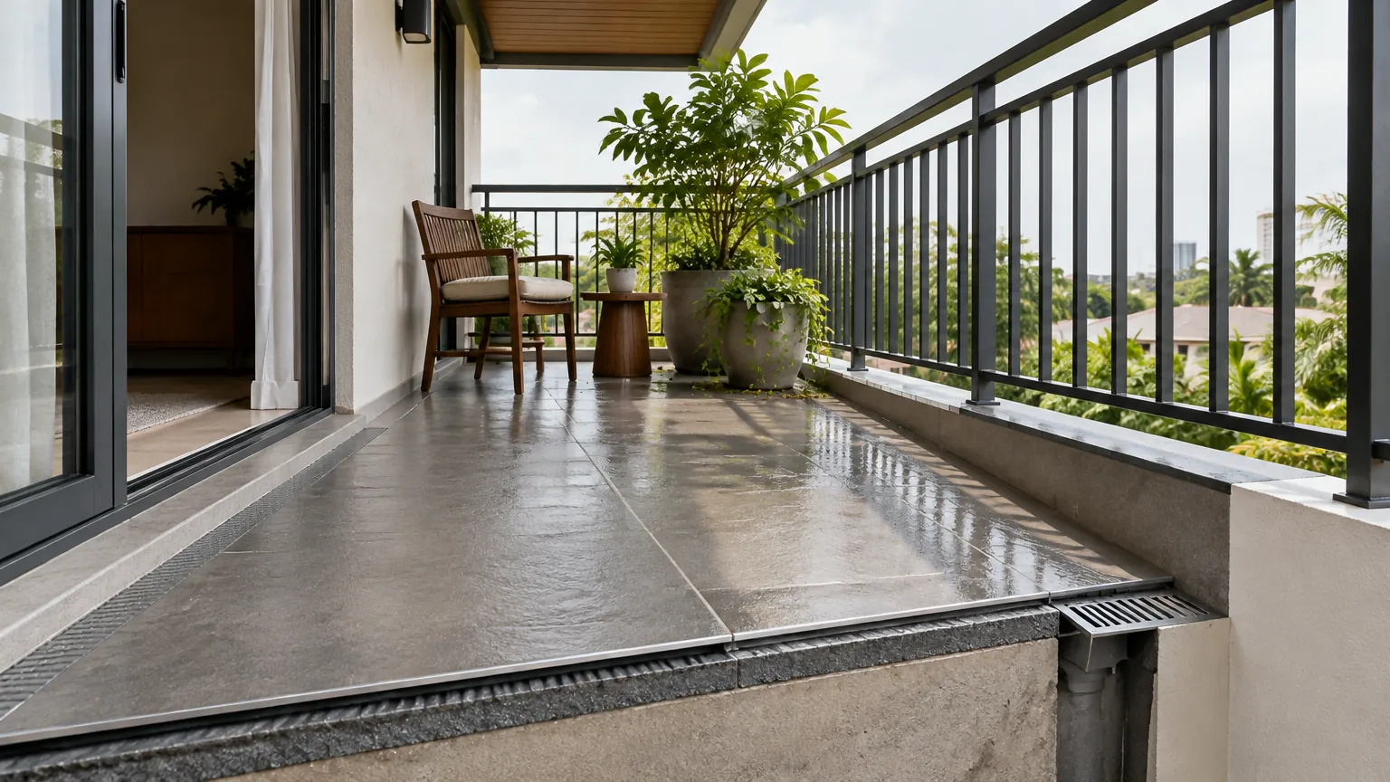 Balkon rumah tropis dengan lantai basah dan railing