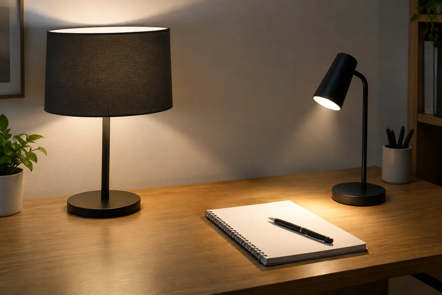 Lampu meja dengan kap gelap dan lampu baca kecil