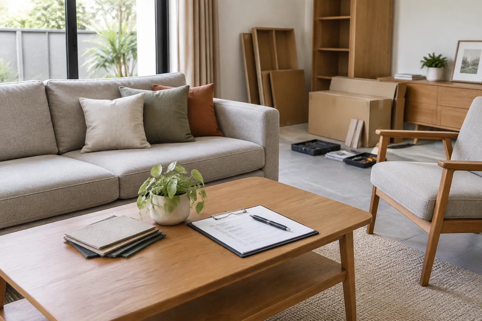 Ruang tamu dengan sofa dan meja berisi buku catatan