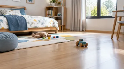 Lantai kamar anak dengan mainan dan karpet kecil