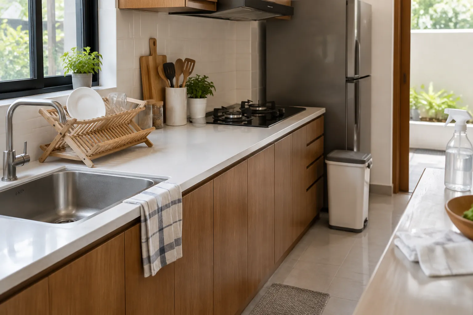 Dapur dengan bak cuci, kompor dan permukaan meja yang dibersihkan