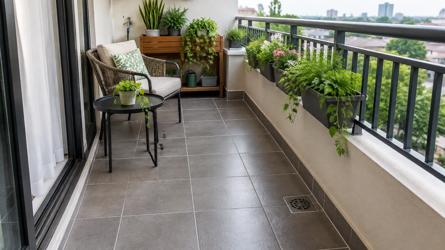 Balkon sempit dengan kursi dan tanaman pot