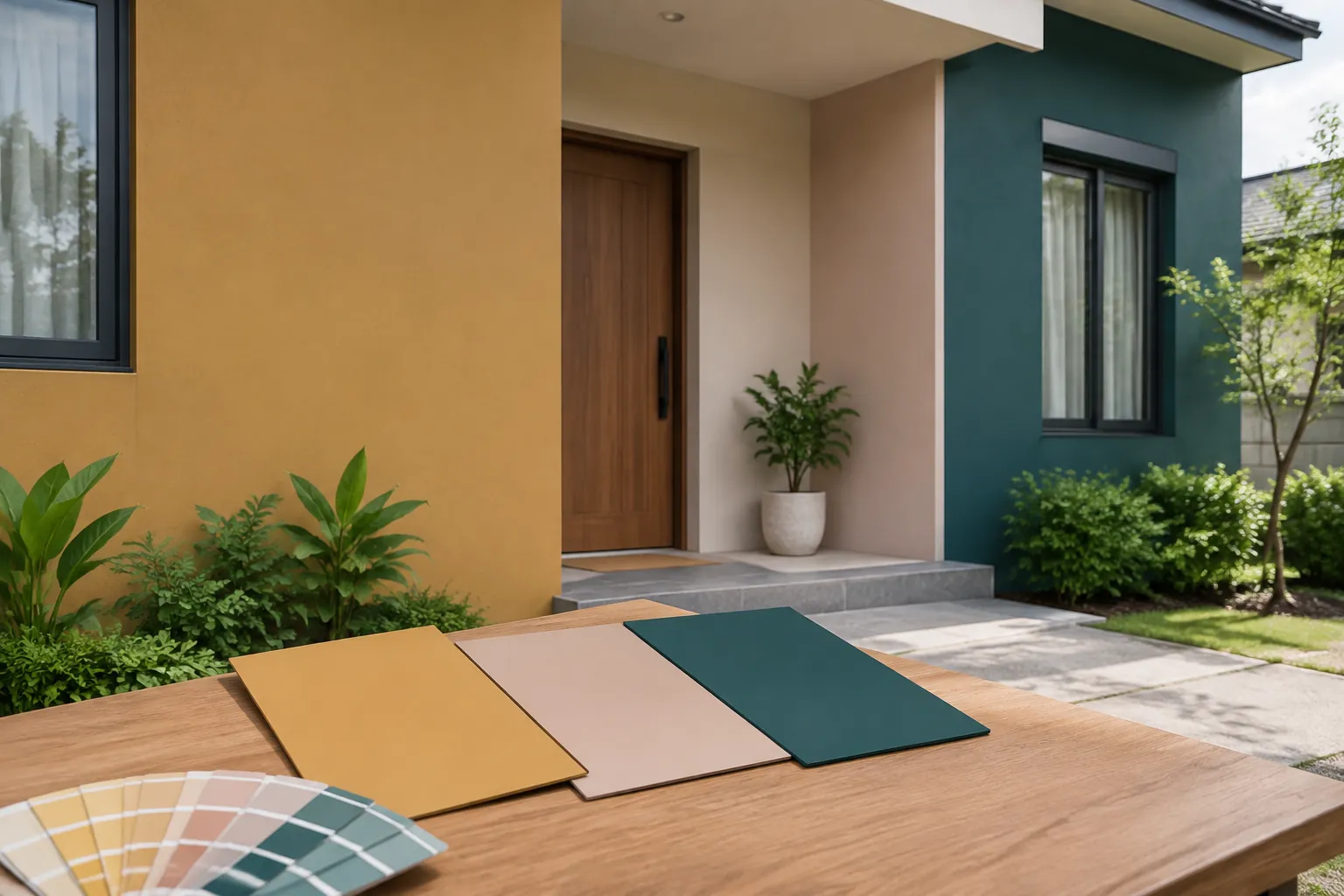 Sampel warna cat di meja depan fasad rumah dengan beberapa bidang warna