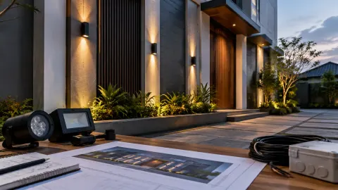 Fasad rumah malam hari dengan lampu dinding dan contoh bahan di depan
