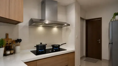 Dapur tanpa jendela dengan kompor, cooker hood, kabinet dan pintu tertutup.