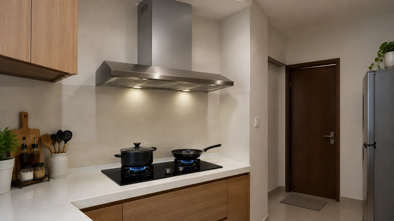 Dapur tanpa jendela dengan kompor, cooker hood, kabinet dan pintu tertutup.