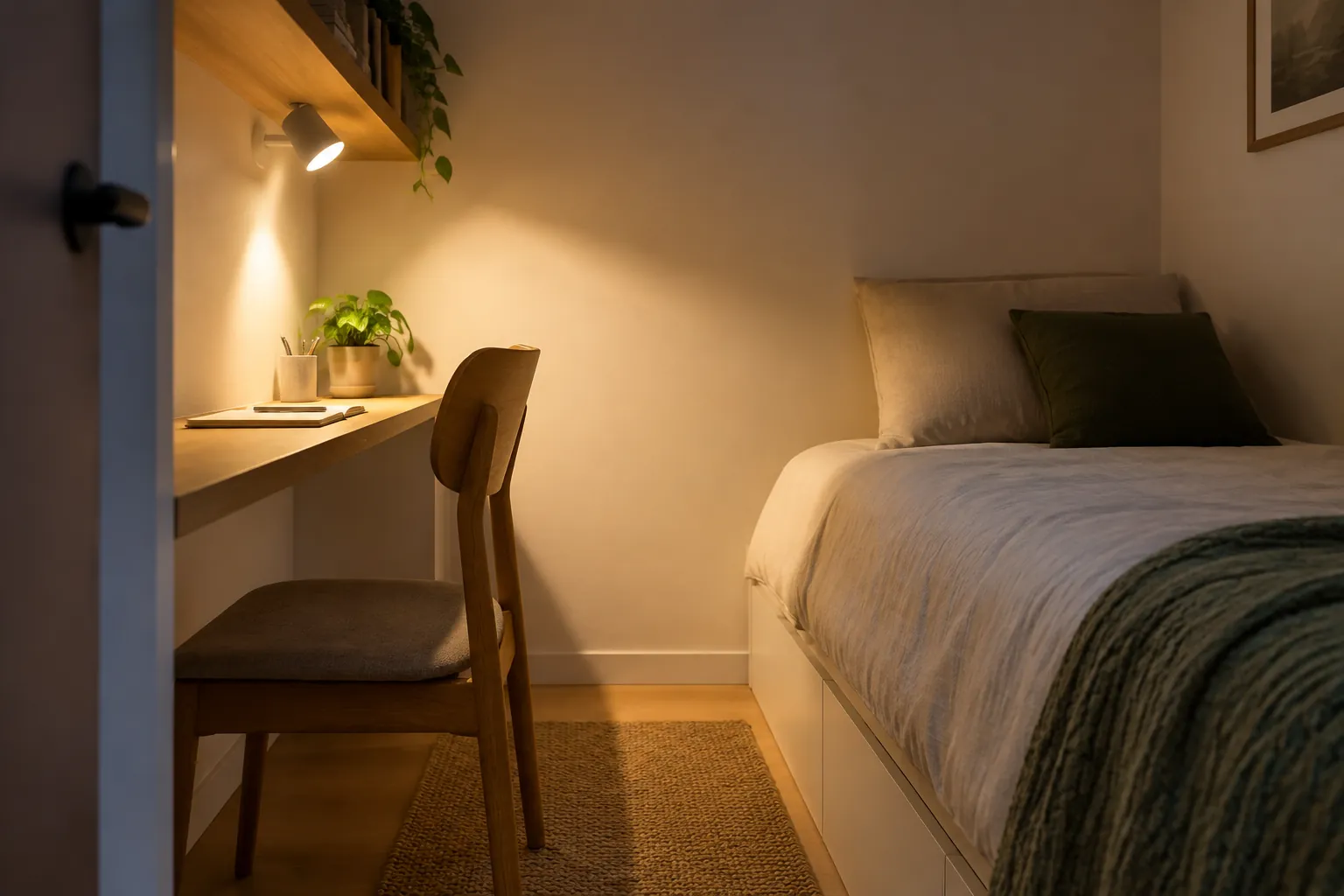 Sudut kamar tidur kecil dengan meja dan lampu dinding