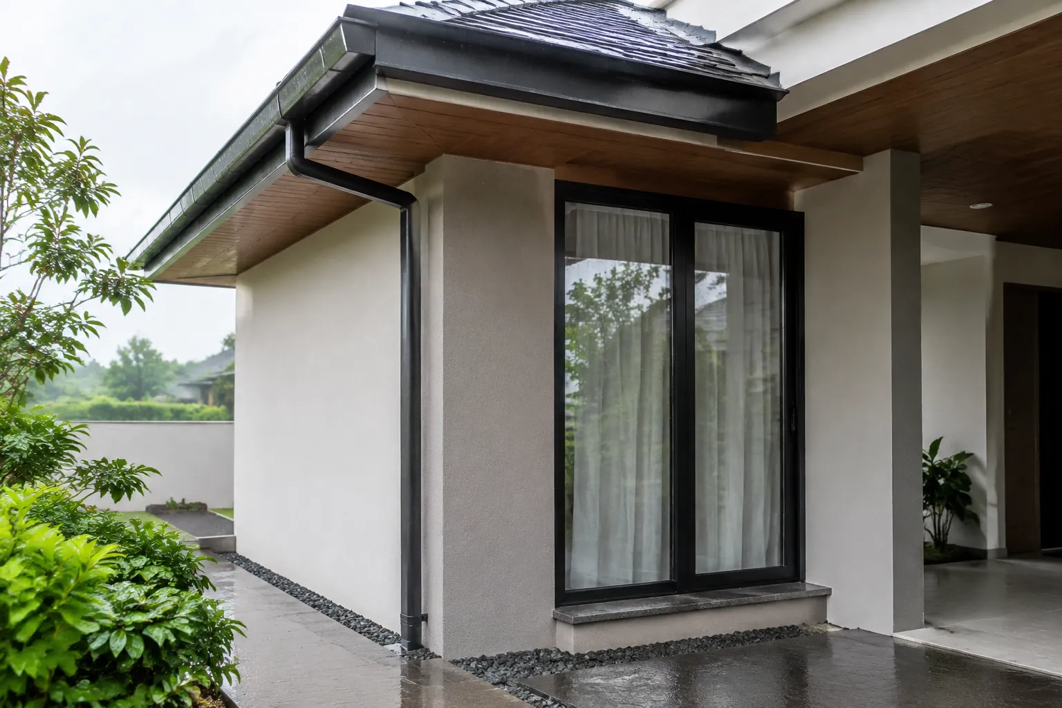 Atap, talang, dan dinding luar rumah berada di atas teras